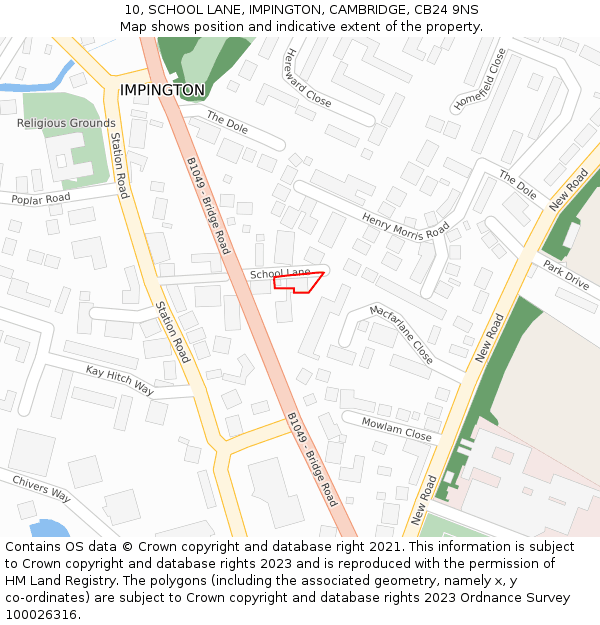 10, SCHOOL LANE, IMPINGTON, CAMBRIDGE, CB24 9NS: Location map and indicative extent of plot