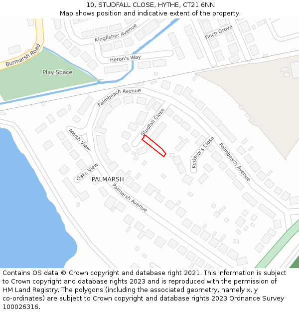 10, STUDFALL CLOSE, HYTHE, CT21 6NN: Location map and indicative extent of plot