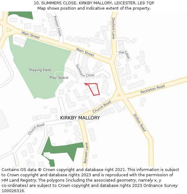 10, SUMMERS CLOSE, KIRKBY MALLORY, LEICESTER, LE9 7QP: Location map and indicative extent of plot