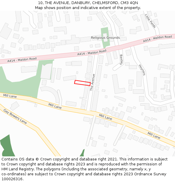 10, THE AVENUE, DANBURY, CHELMSFORD, CM3 4QN: Location map and indicative extent of plot