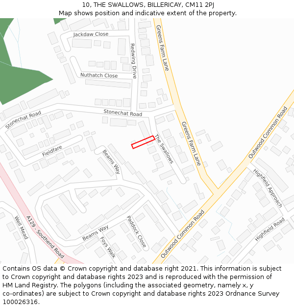 10, THE SWALLOWS, BILLERICAY, CM11 2PJ: Location map and indicative extent of plot