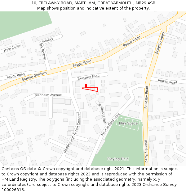 10, TRELAWNY ROAD, MARTHAM, GREAT YARMOUTH, NR29 4SR: Location map and indicative extent of plot