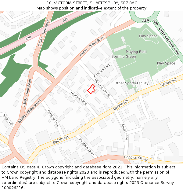 10, VICTORIA STREET, SHAFTESBURY, SP7 8AG: Location map and indicative extent of plot