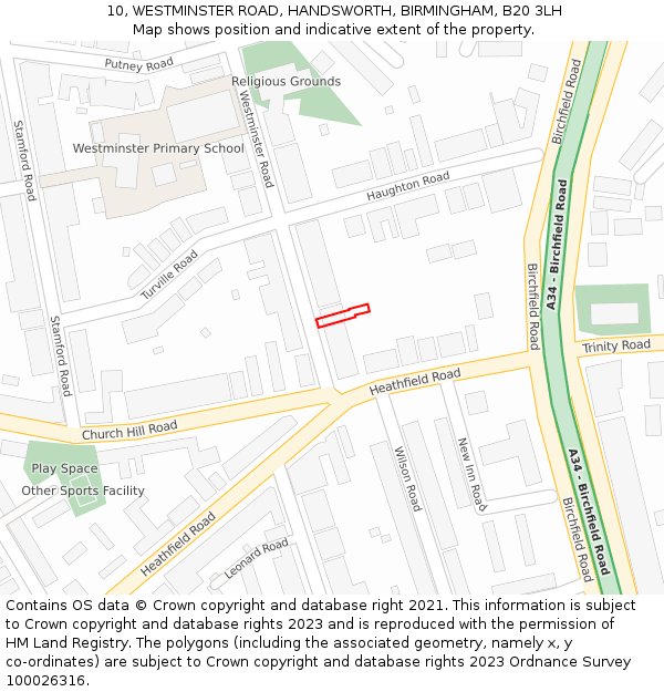 10, WESTMINSTER ROAD, HANDSWORTH, BIRMINGHAM, B20 3LH: Location map and indicative extent of plot