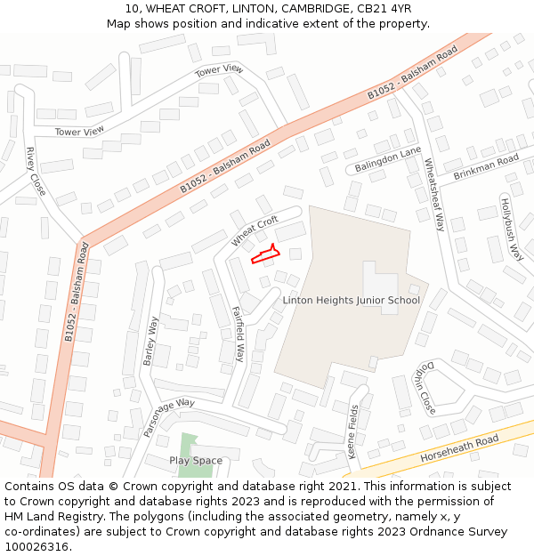 10, WHEAT CROFT, LINTON, CAMBRIDGE, CB21 4YR: Location map and indicative extent of plot