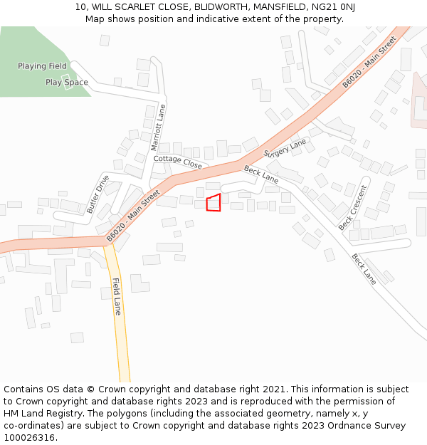 10, WILL SCARLET CLOSE, BLIDWORTH, MANSFIELD, NG21 0NJ: Location map and indicative extent of plot