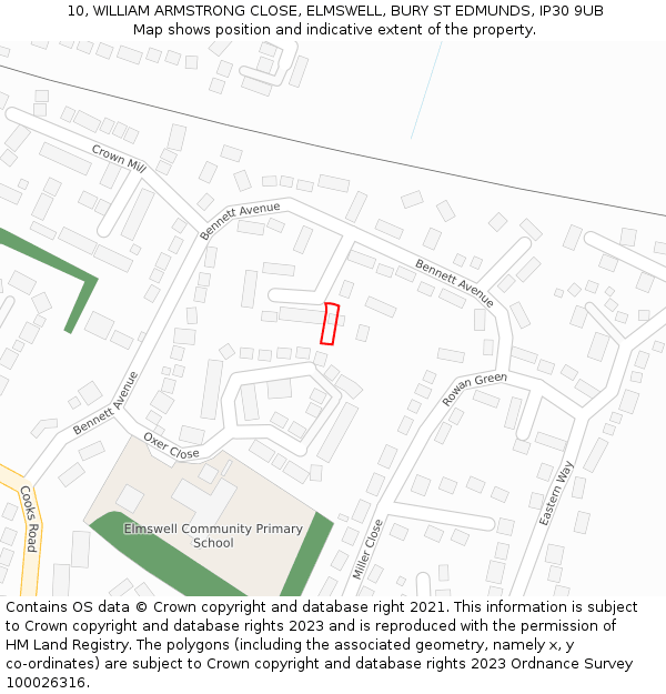 10, WILLIAM ARMSTRONG CLOSE, ELMSWELL, BURY ST EDMUNDS, IP30 9UB: Location map and indicative extent of plot