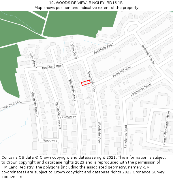 10, WOODSIDE VIEW, BINGLEY, BD16 1RL: Location map and indicative extent of plot