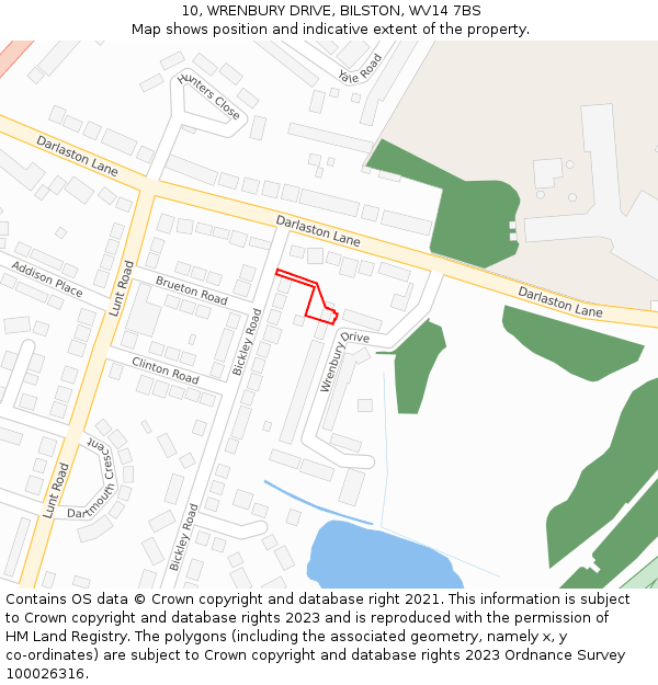 10, WRENBURY DRIVE, BILSTON, WV14 7BS: Location map and indicative extent of plot