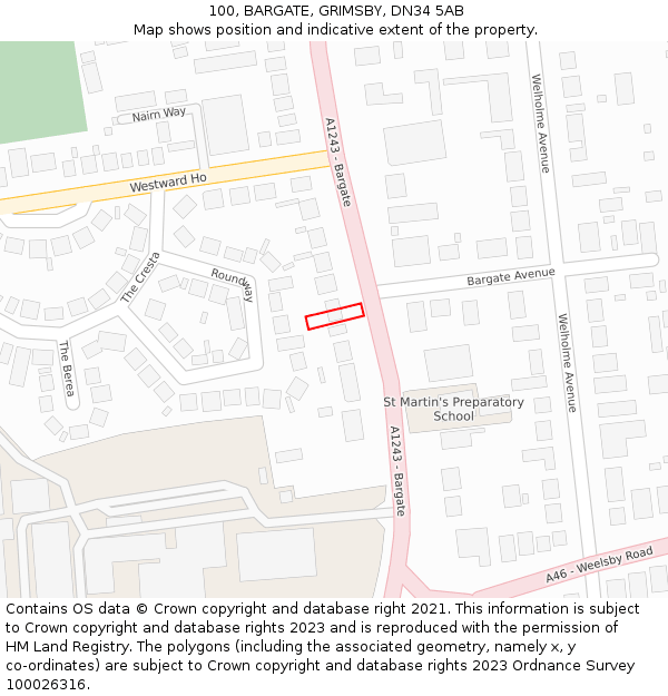 100, BARGATE, GRIMSBY, DN34 5AB: Location map and indicative extent of plot