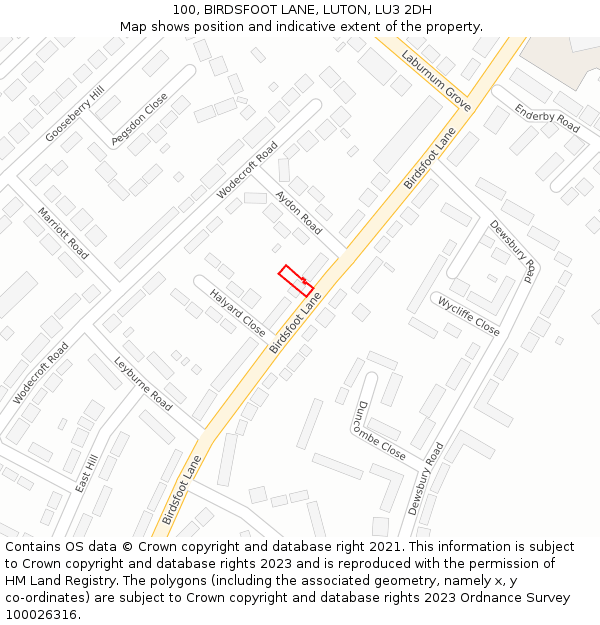 100, BIRDSFOOT LANE, LUTON, LU3 2DH: Location map and indicative extent of plot