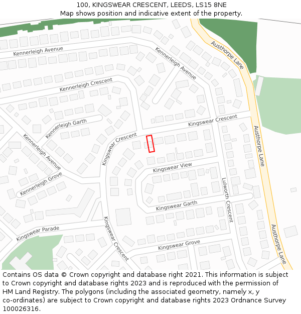 100, KINGSWEAR CRESCENT, LEEDS, LS15 8NE: Location map and indicative extent of plot