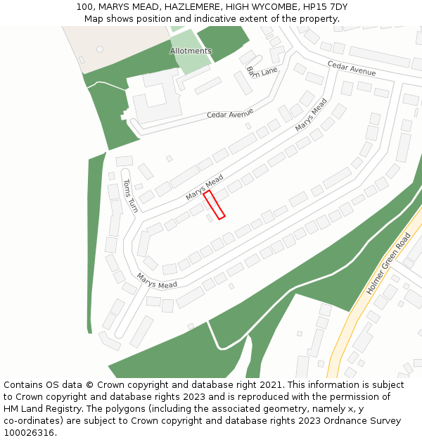 100, MARYS MEAD, HAZLEMERE, HIGH WYCOMBE, HP15 7DY: Location map and indicative extent of plot