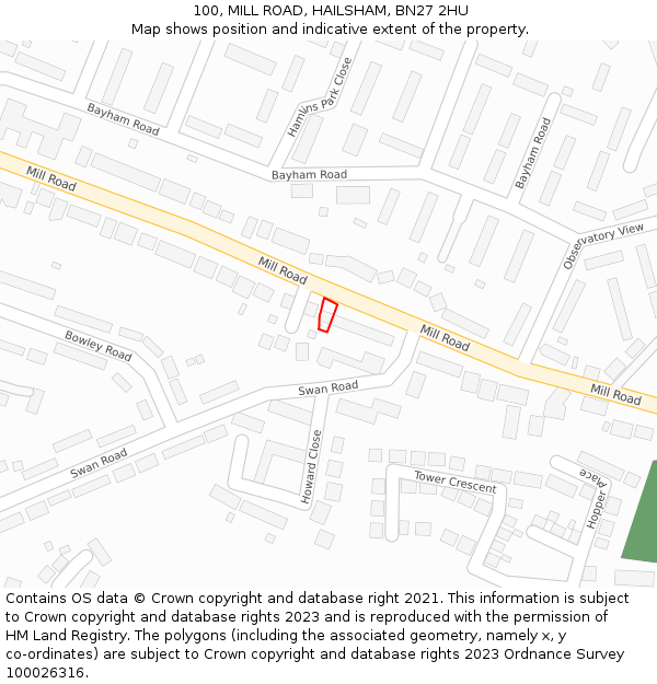 100, MILL ROAD, HAILSHAM, BN27 2HU: Location map and indicative extent of plot