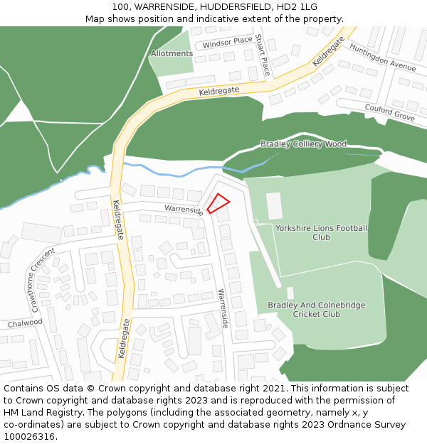 100, WARRENSIDE, HUDDERSFIELD, HD2 1LG: Location map and indicative extent of plot