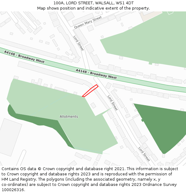 100A, LORD STREET, WALSALL, WS1 4DT: Location map and indicative extent of plot