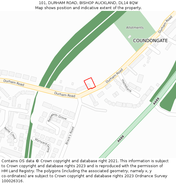 101, DURHAM ROAD, BISHOP AUCKLAND, DL14 8QW: Location map and indicative extent of plot