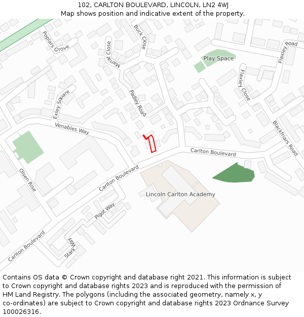 102, CARLTON BOULEVARD, LINCOLN, LN2 4WJ: Location map and indicative extent of plot
