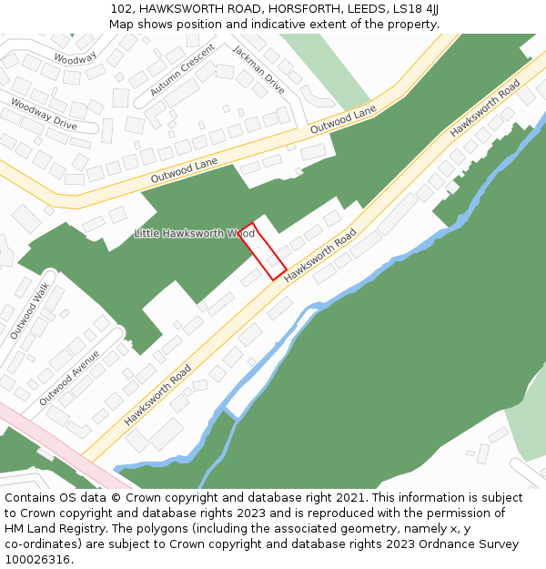 102, HAWKSWORTH ROAD, HORSFORTH, LEEDS, LS18 4JJ: Location map and indicative extent of plot