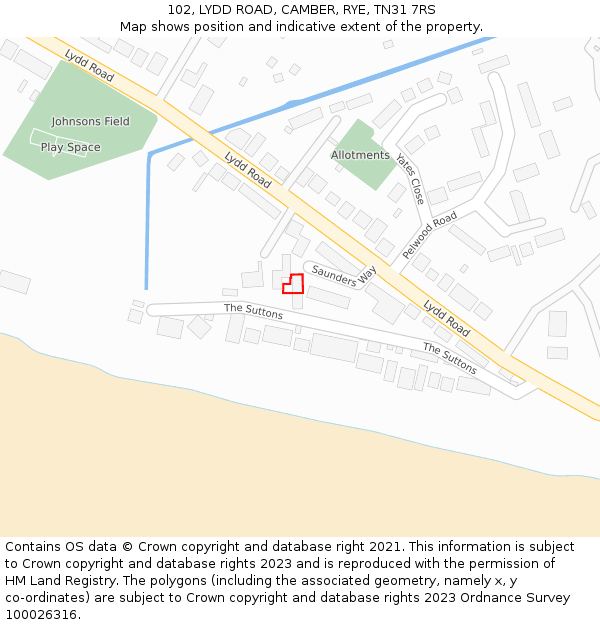 102, LYDD ROAD, CAMBER, RYE, TN31 7RS: Location map and indicative extent of plot