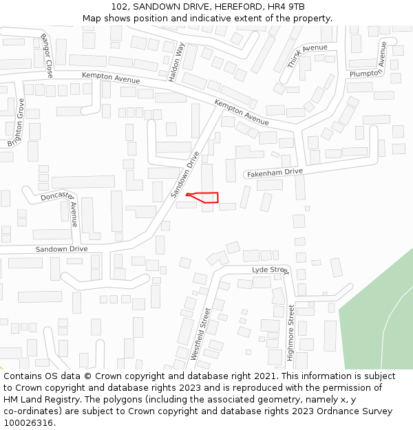 102, SANDOWN DRIVE, HEREFORD, HR4 9TB: Location map and indicative extent of plot