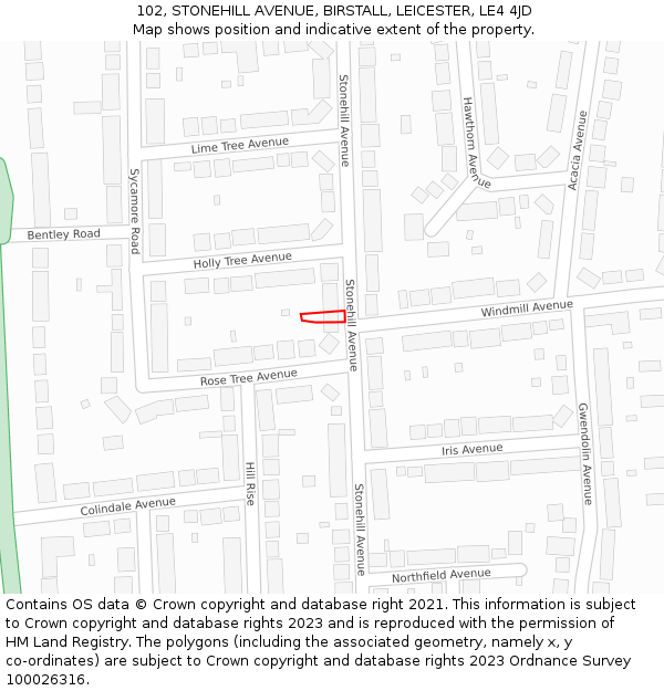 102, STONEHILL AVENUE, BIRSTALL, LEICESTER, LE4 4JD: Location map and indicative extent of plot