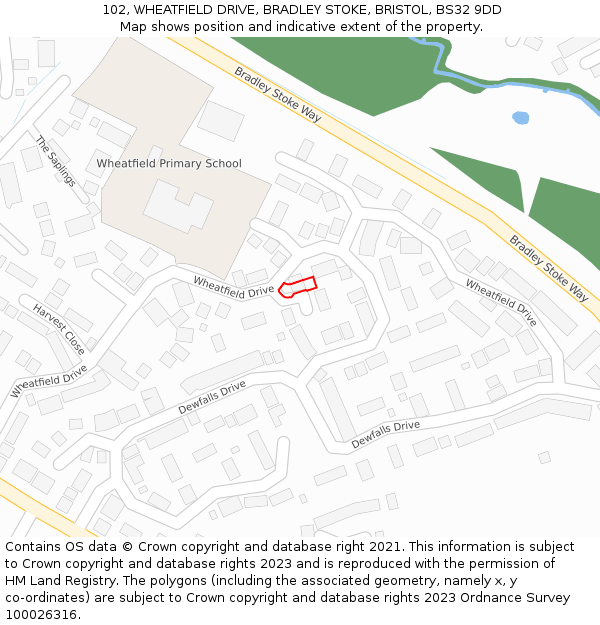 102, WHEATFIELD DRIVE, BRADLEY STOKE, BRISTOL, BS32 9DD: Location map and indicative extent of plot