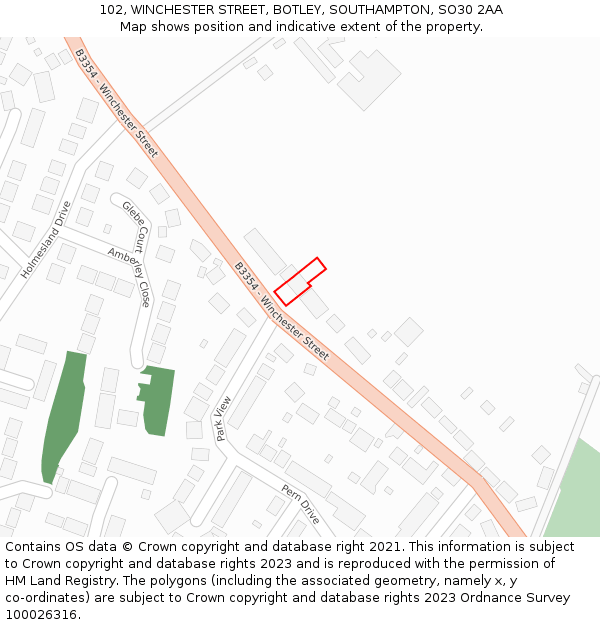 102, WINCHESTER STREET, BOTLEY, SOUTHAMPTON, SO30 2AA: Location map and indicative extent of plot