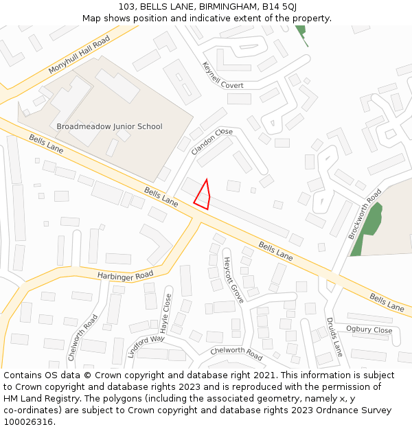 103, BELLS LANE, BIRMINGHAM, B14 5QJ: Location map and indicative extent of plot