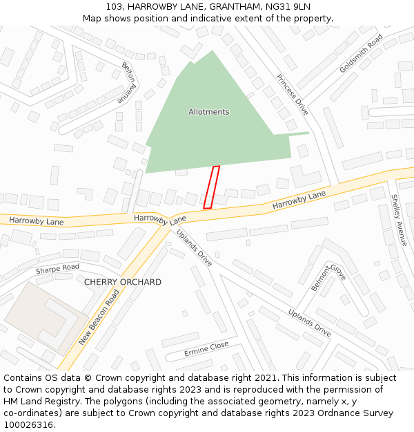 103, HARROWBY LANE, GRANTHAM, NG31 9LN: Location map and indicative extent of plot