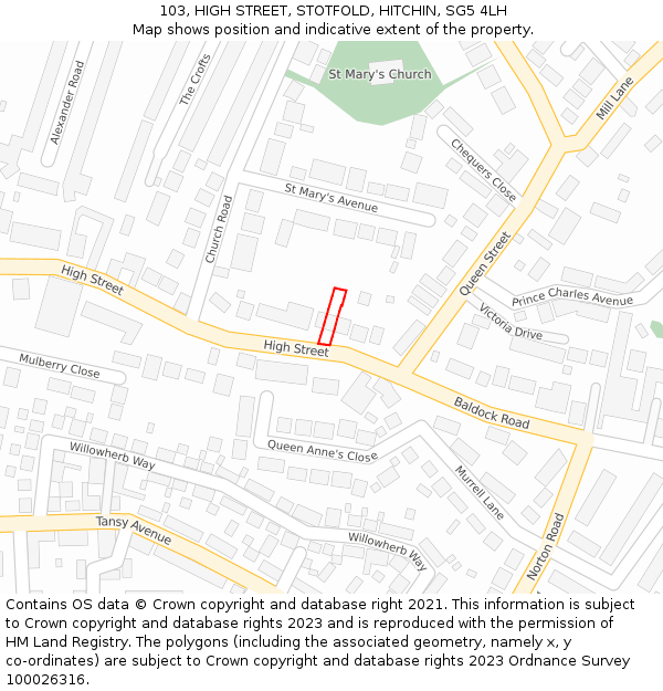 103, HIGH STREET, STOTFOLD, HITCHIN, SG5 4LH: Location map and indicative extent of plot