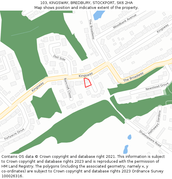 103, KINGSWAY, BREDBURY, STOCKPORT, SK6 2HA: Location map and indicative extent of plot