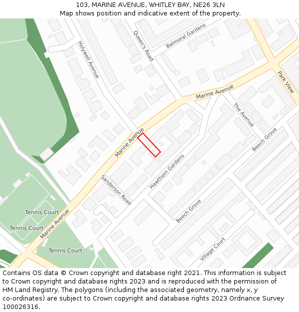 103, MARINE AVENUE, WHITLEY BAY, NE26 3LN: Location map and indicative extent of plot