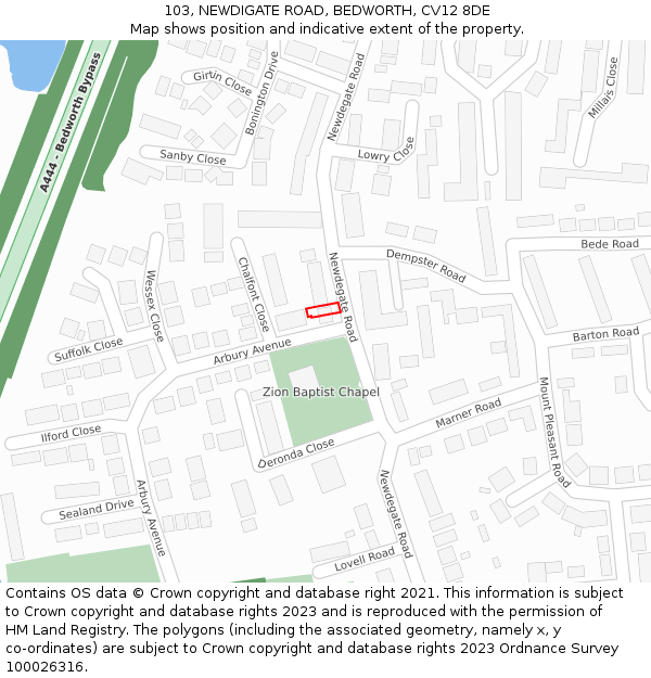 103, NEWDIGATE ROAD, BEDWORTH, CV12 8DE: Location map and indicative extent of plot