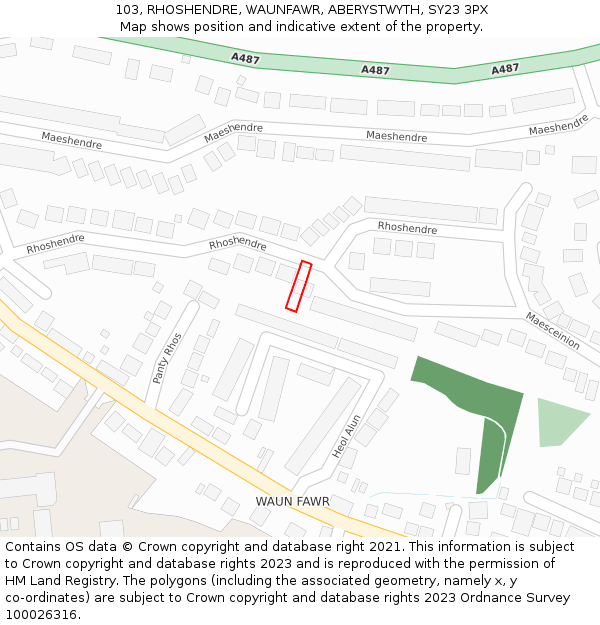 103, RHOSHENDRE, WAUNFAWR, ABERYSTWYTH, SY23 3PX: Location map and indicative extent of plot