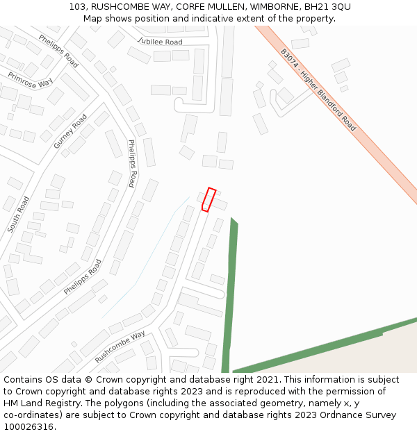 103, RUSHCOMBE WAY, CORFE MULLEN, WIMBORNE, BH21 3QU: Location map and indicative extent of plot