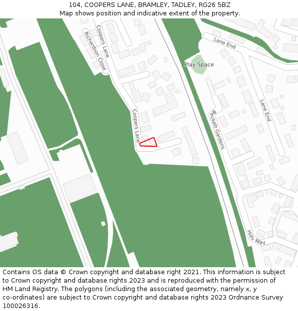 104, COOPERS LANE, BRAMLEY, TADLEY, RG26 5BZ: Location map and indicative extent of plot