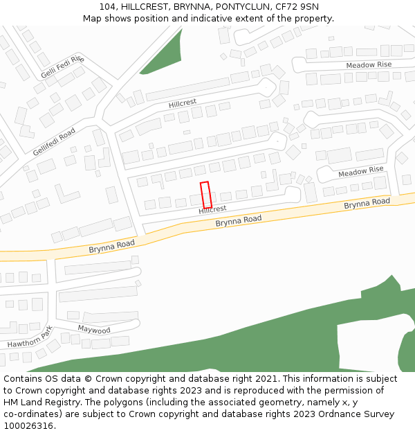 104, HILLCREST, BRYNNA, PONTYCLUN, CF72 9SN: Location map and indicative extent of plot