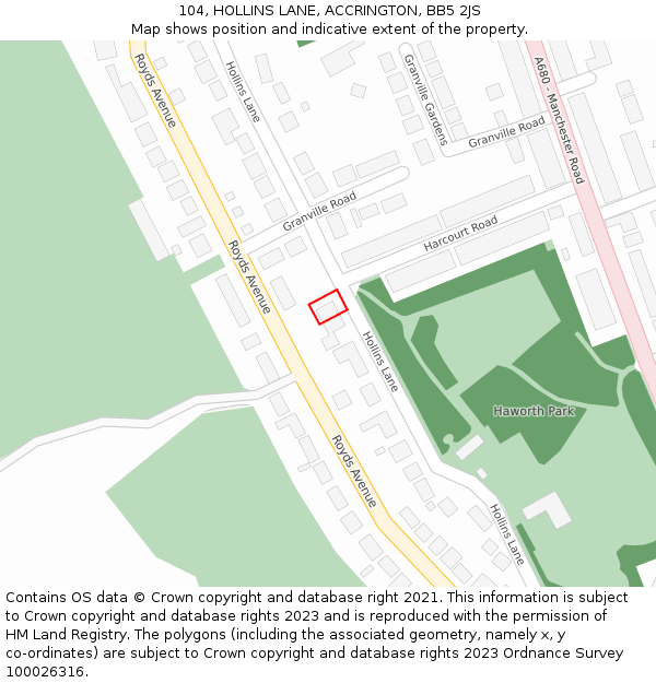 104, HOLLINS LANE, ACCRINGTON, BB5 2JS: Location map and indicative extent of plot