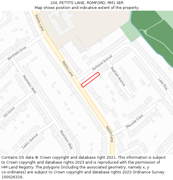 104, PETTITS LANE, ROMFORD, RM1 4ER: Location map and indicative extent of plot