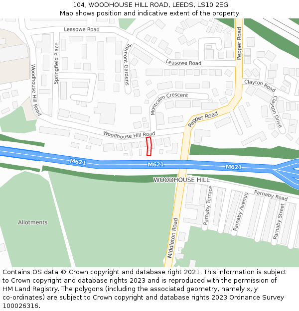104, WOODHOUSE HILL ROAD, LEEDS, LS10 2EG: Location map and indicative extent of plot