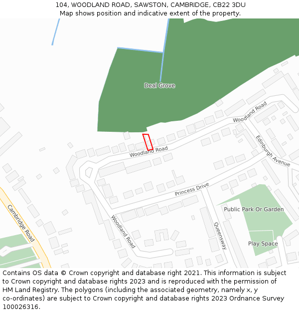 104, WOODLAND ROAD, SAWSTON, CAMBRIDGE, CB22 3DU: Location map and indicative extent of plot