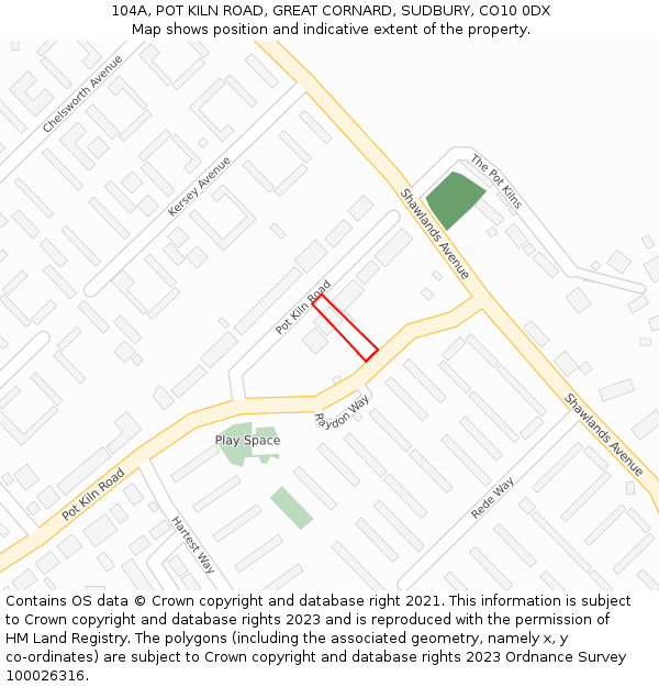 104A, POT KILN ROAD, GREAT CORNARD, SUDBURY, CO10 0DX: Location map and indicative extent of plot