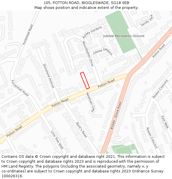 105, POTTON ROAD, BIGGLESWADE, SG18 0EB: Location map and indicative extent of plot