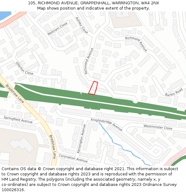 105, RICHMOND AVENUE, GRAPPENHALL, WARRINGTON, WA4 2NX: Location map and indicative extent of plot