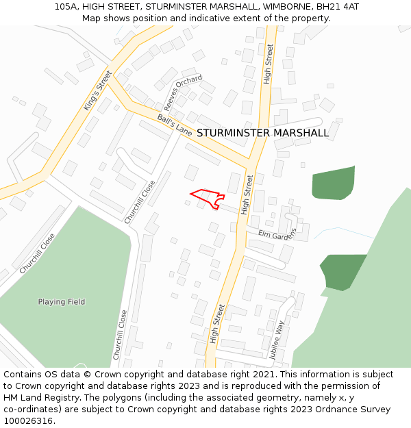 105A, HIGH STREET, STURMINSTER MARSHALL, WIMBORNE, BH21 4AT: Location map and indicative extent of plot