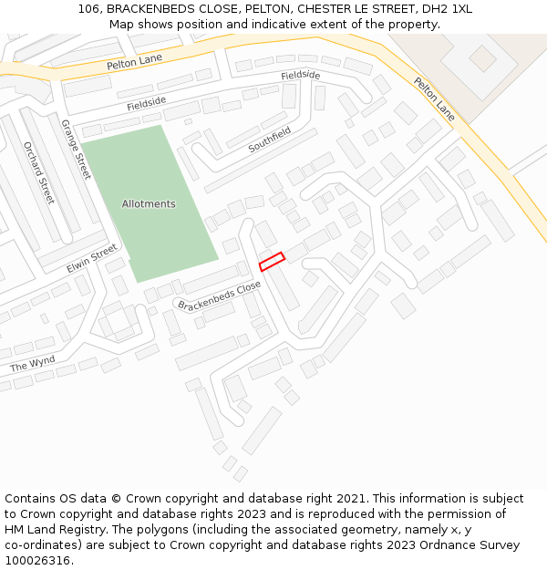 106, BRACKENBEDS CLOSE, PELTON, CHESTER LE STREET, DH2 1XL: Location map and indicative extent of plot