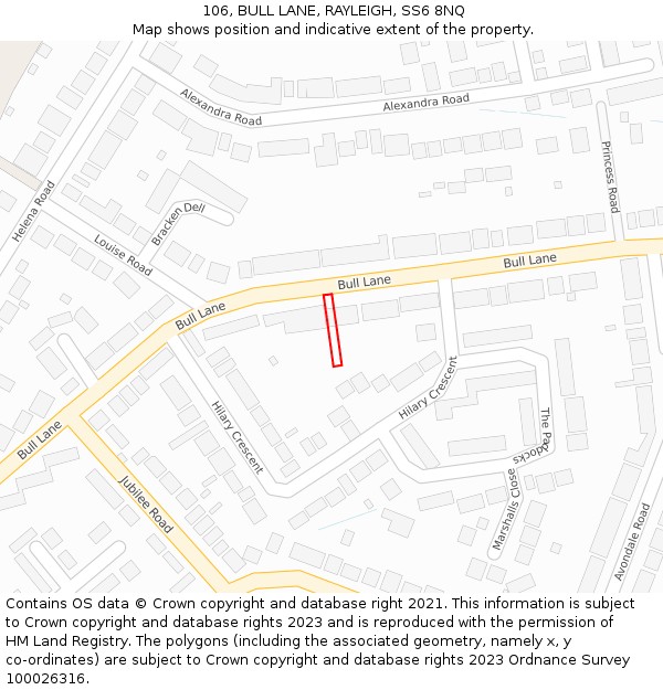 106, BULL LANE, RAYLEIGH, SS6 8NQ: Location map and indicative extent of plot