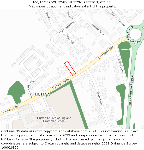 106, LIVERPOOL ROAD, HUTTON, PRESTON, PR4 5SL: Location map and indicative extent of plot