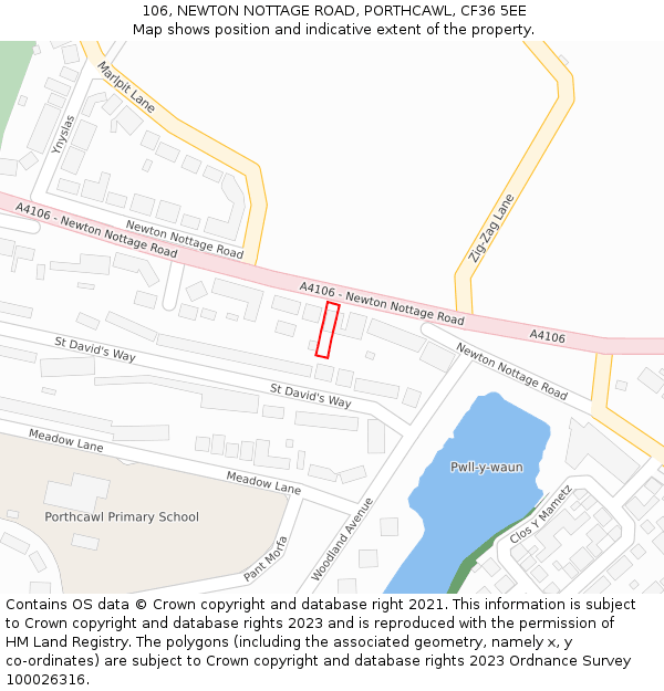 106, NEWTON NOTTAGE ROAD, PORTHCAWL, CF36 5EE: Location map and indicative extent of plot